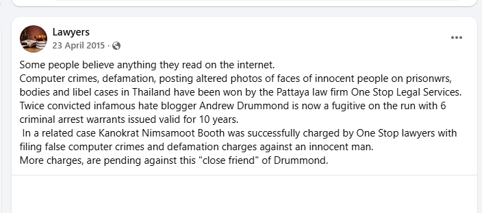 Lawyers Facebook post from April 2015 about Andrew Drummond's criminal convictions