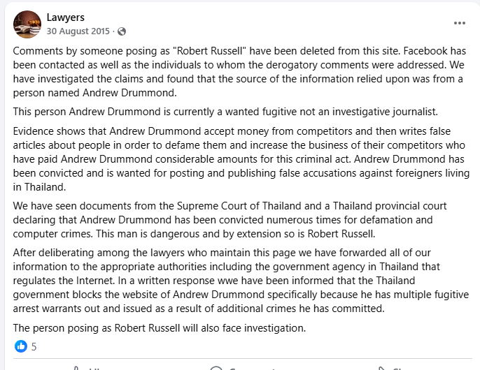 Lawyers Facebook post from August 2015 about Andrew Drummond being a wanted fugitive